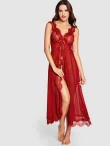 Eyelash Lace Dress With Thong - Burgundy - View 1