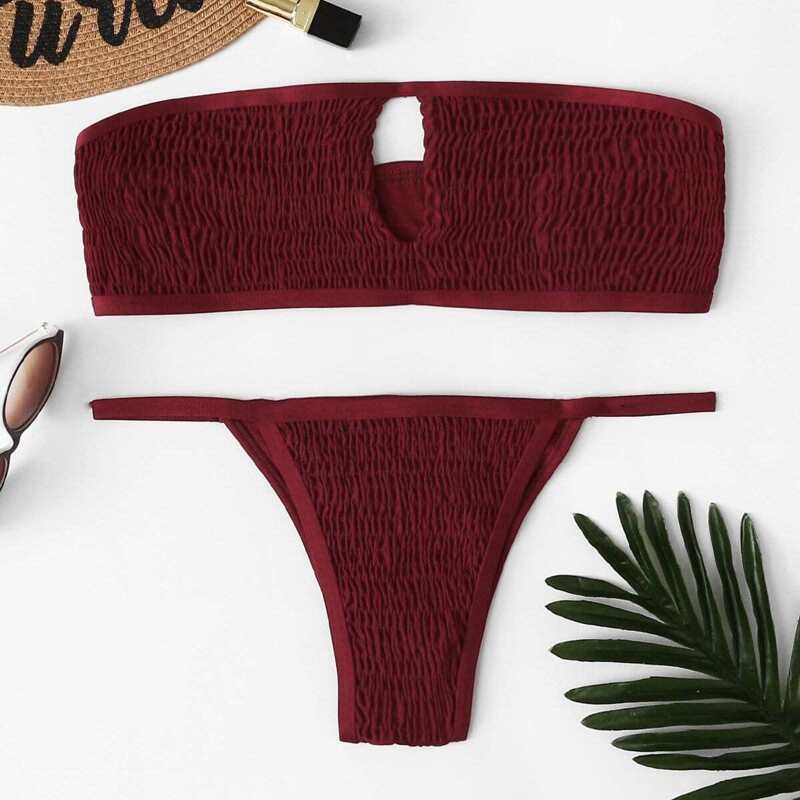 

Cut-Out Shirred Bandeau Bikini Set, Burgundy