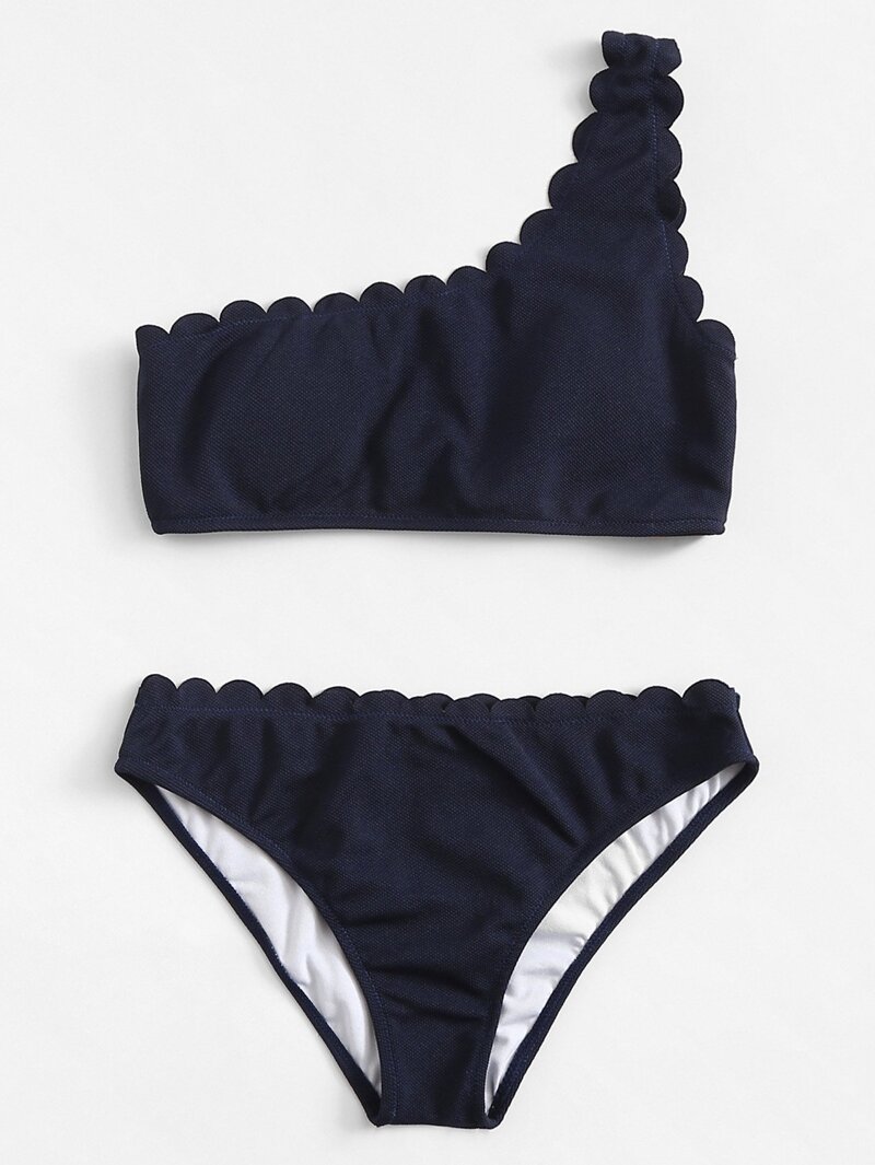 

Scalloped Trim One Shoulder Bikini Set, Navy