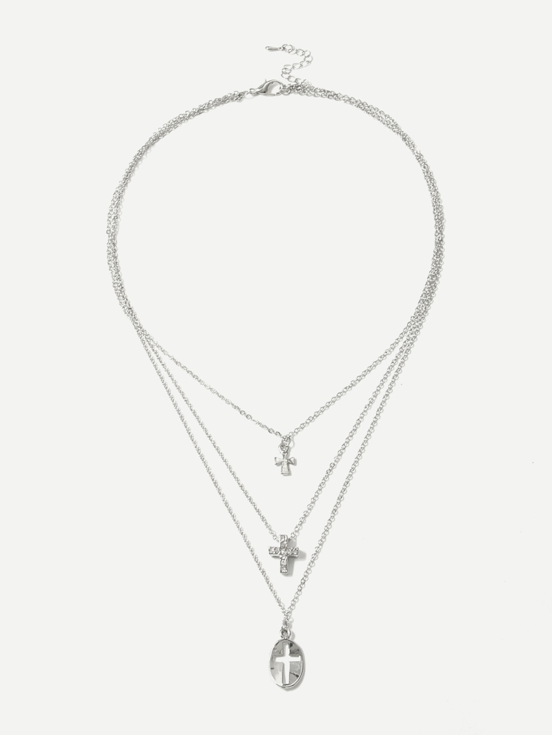 

Cross Pendant Layered Chain Necklace, Silver