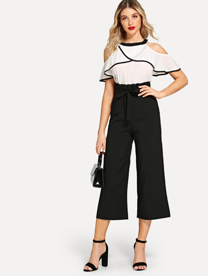 Contrast Binding Open Shoulder Top & Wide Leg Pants pictures
