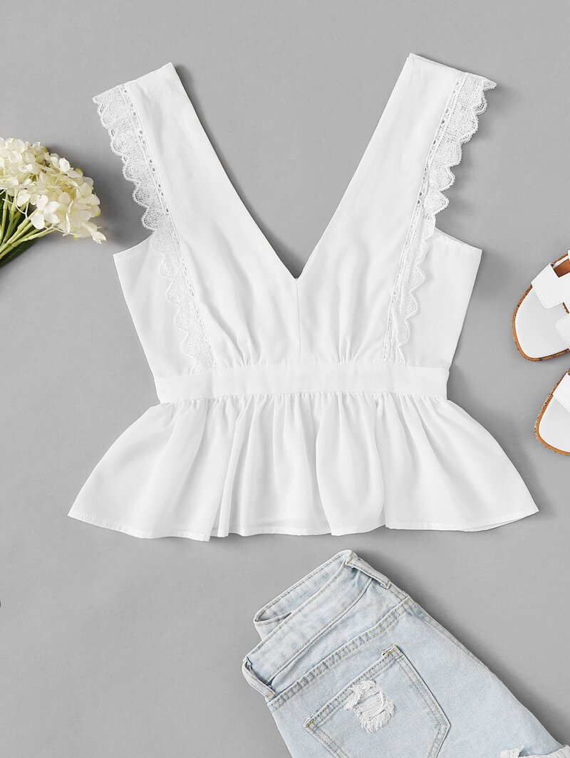 

Contrast Lace Ruffle Hem Blouse, White