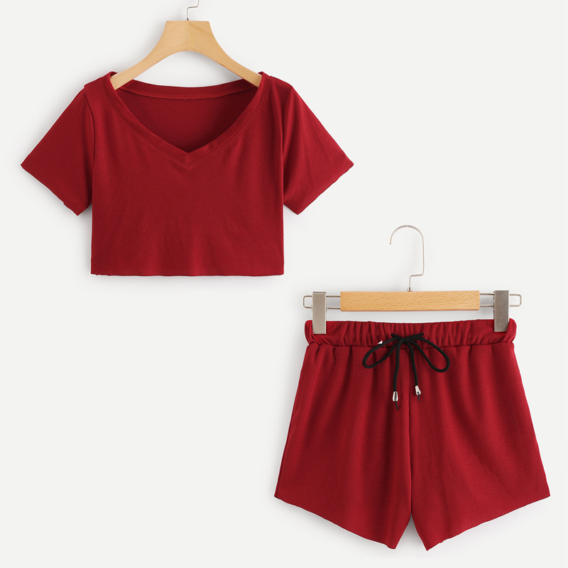 

Boat Neck Crop Tee With Drawstring Waist Shorts, Red