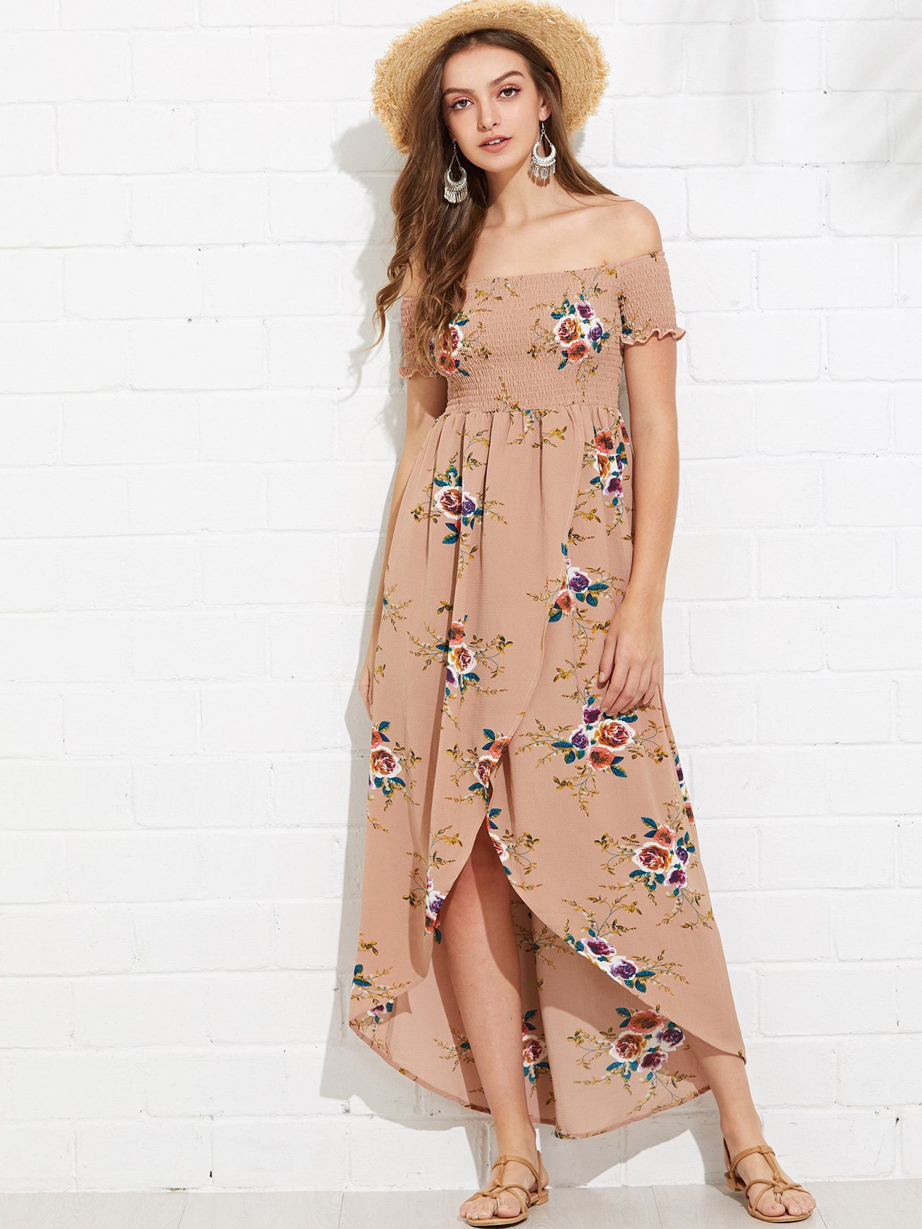 off shoulder shirred bodice floral dress -shein(sheinside)