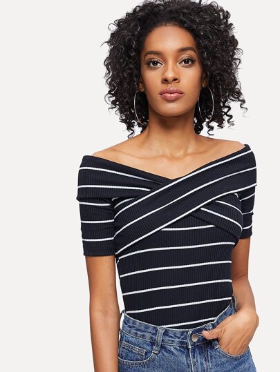 Crisscross Front Striped Ribbed Tee pictures
