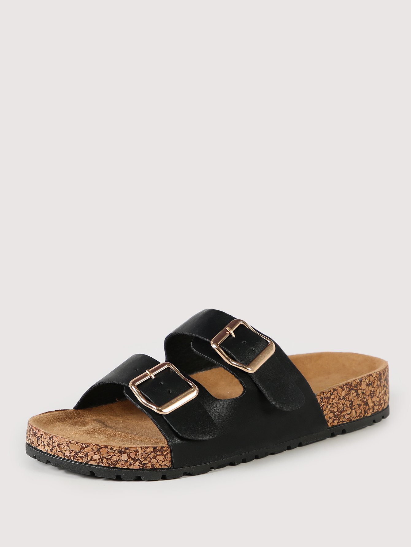 double buckle cork footbed slide sandal