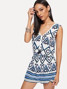 Geo Print Fringe Hem Shell Romper