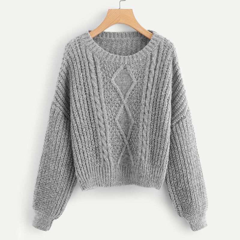 

Drop Shoulder Mixed Knit Sweater, Grey
