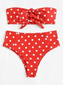 Polka Dot Knot Front Bikini Set