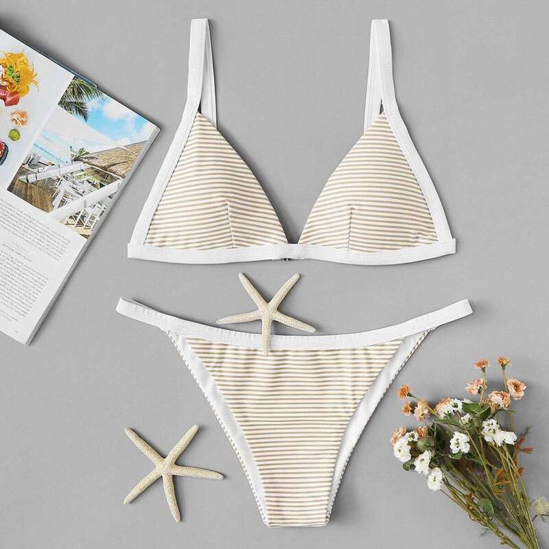 

Contrast Piping Striped Triangle Top With Tanga Bikini Set, Beige multicolor
