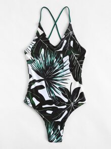 Leaf Print Criss Cross Swimsuit