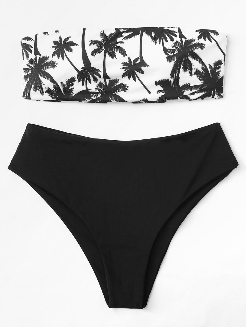 

Tropical Bandeau Bikini Set, Black and white