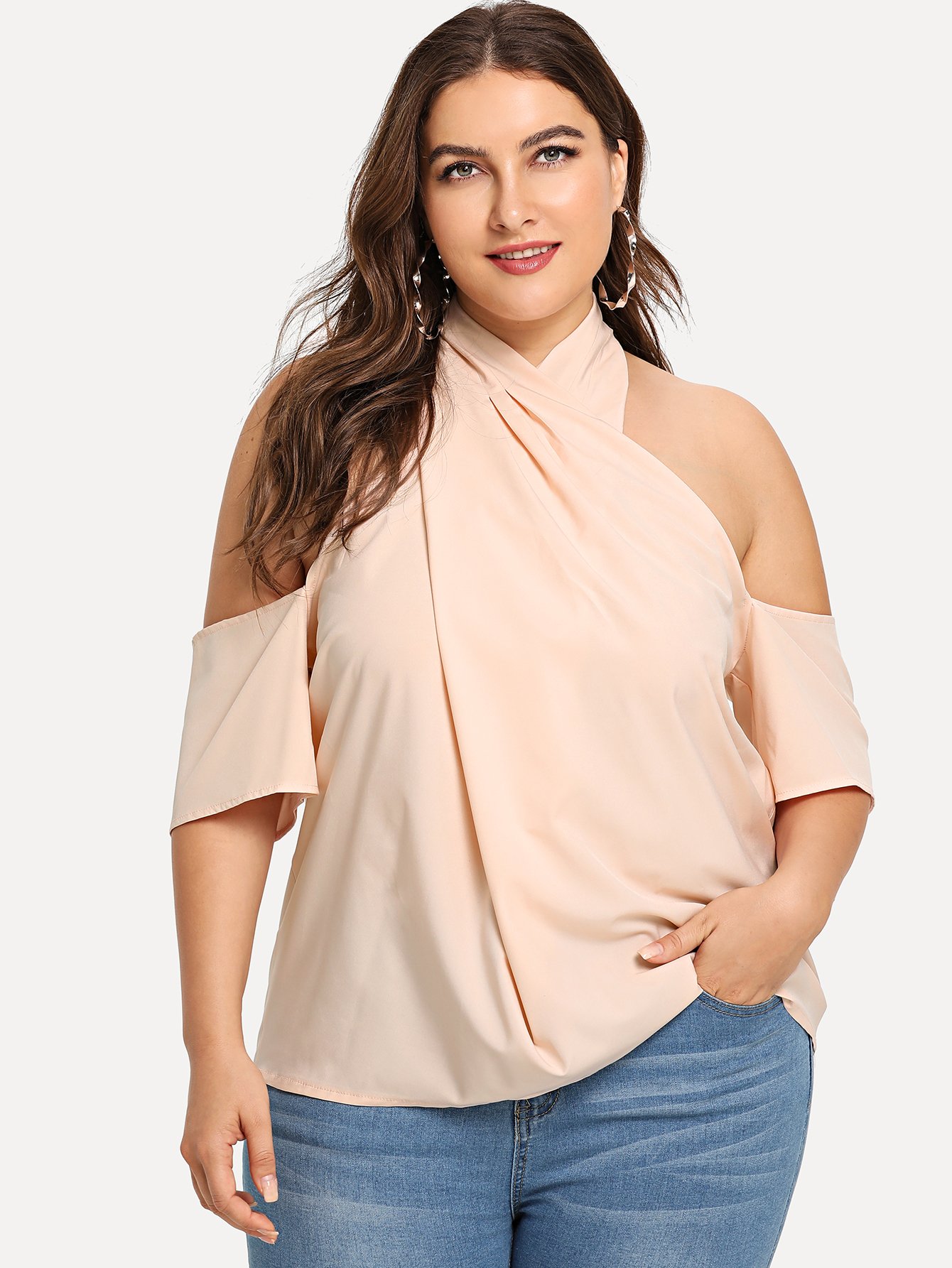 plus open shoulder cross halter top