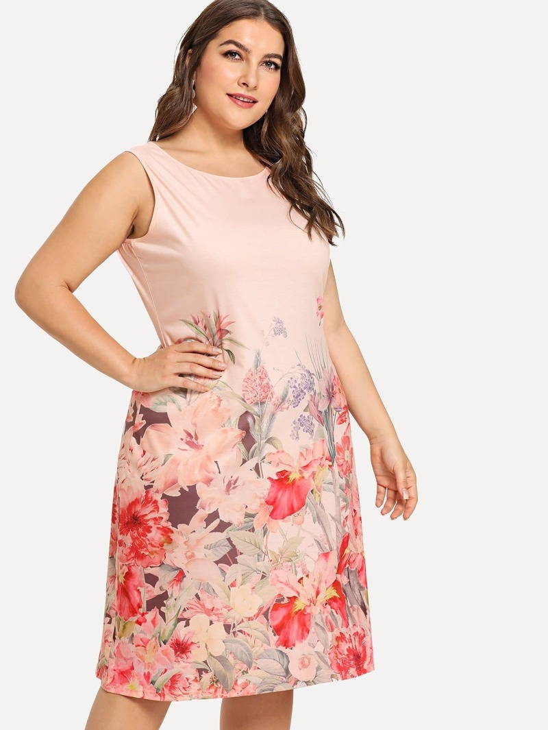 

Plus Flower Print Dress, Pink