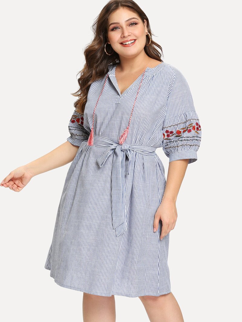 

Plus Drop Shoulder Embroidery Striped Dress, Blue