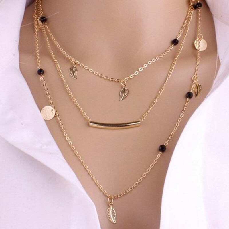 

Bar & Leaf Decorated Layered Chain Necklace, Gold