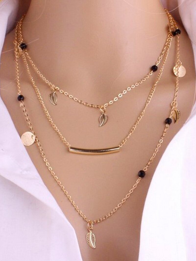 

Bar & Leaf Decorated Layered Chain Necklace, Gold