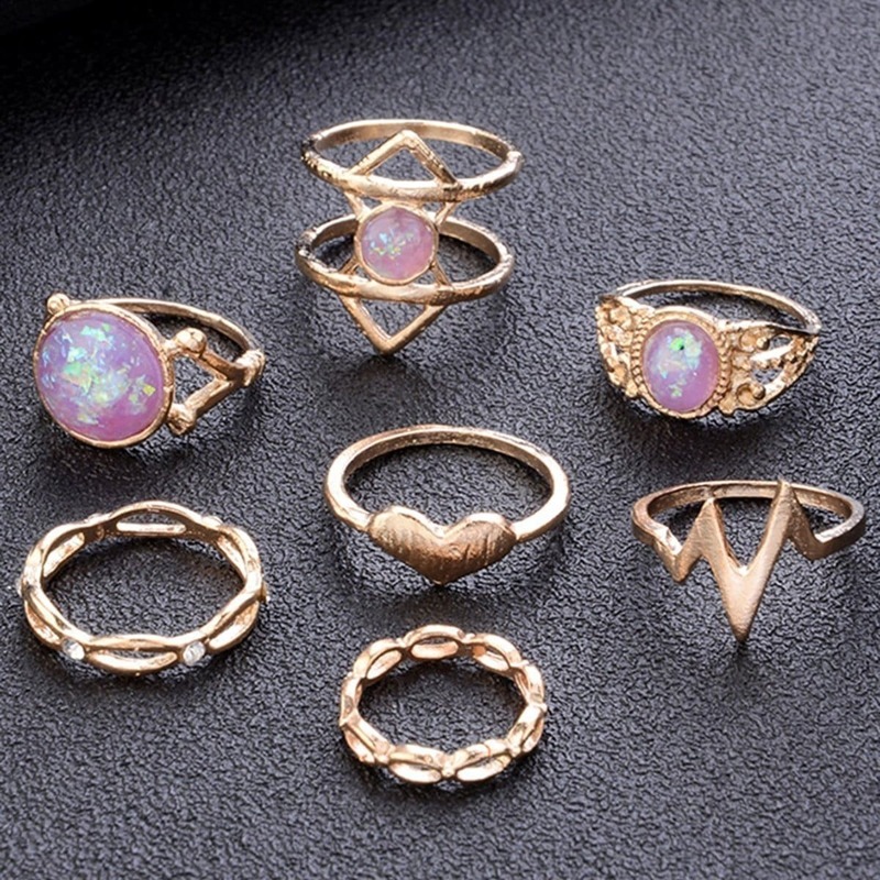 

Gemstone Layered Ring Set 7pcs, Pink