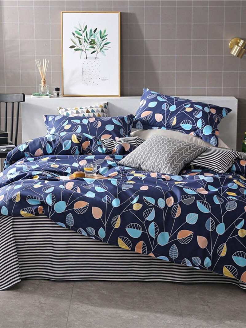 

Leaf & Striped Print Duvet Cover, Multicolor