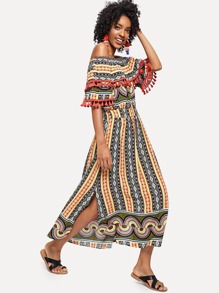 Off Shoulder Fringe Trim Geo Print Dress