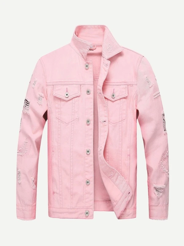 guys ripped solid denim jacket