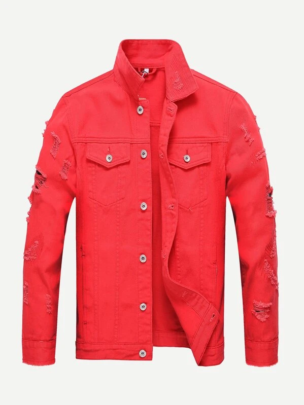 guys ripped solid denim jacket