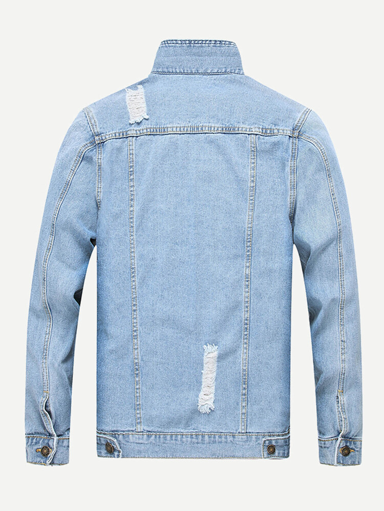 Manfinity Men Ripped Solid Denim Jacket - Light Wash - View 2
