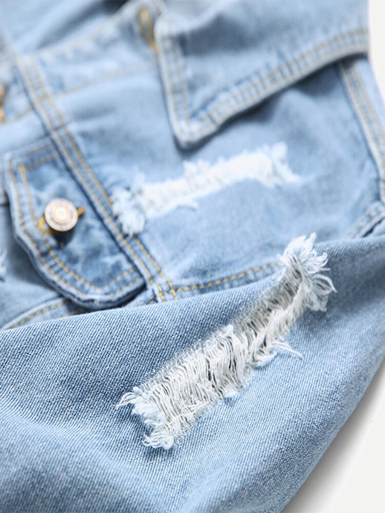 men ripped solid denim jacket