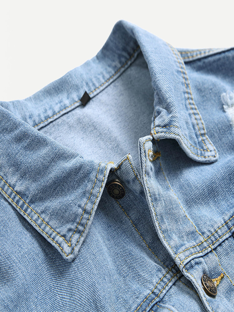Manfinity Men Ripped Solid Denim Jacket - Light Wash - View 4