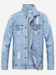Manfinity Men Ripped Solid Denim Jacket - Light Wash - View 1