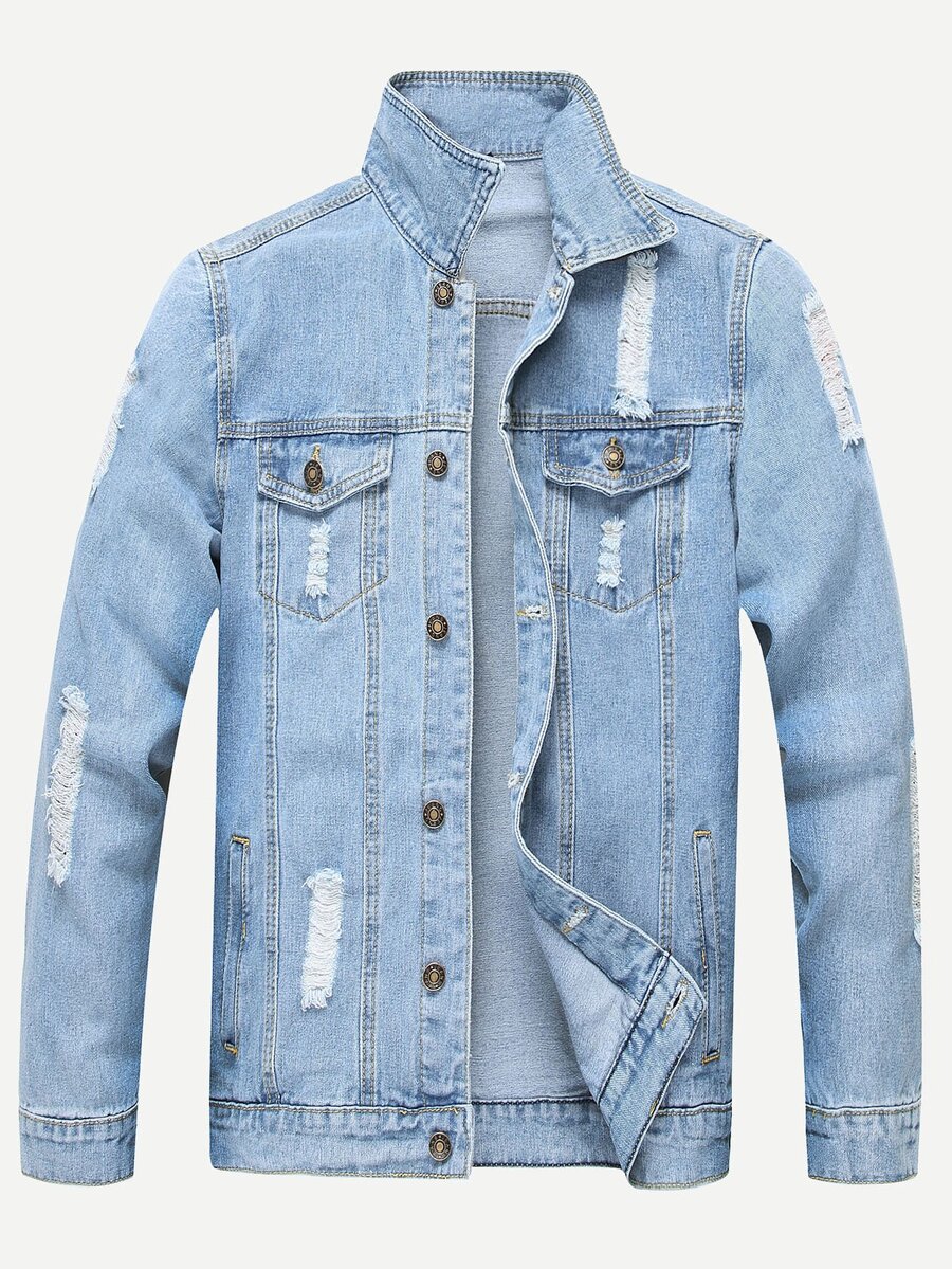 Manfinity Men Ripped Solid Denim Jacket - Light Wash - View 1