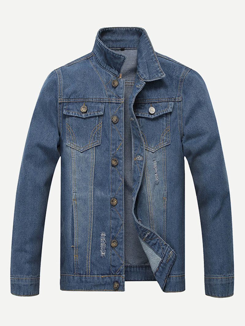 

Men Ripped Solid Denim Jacket, Navy