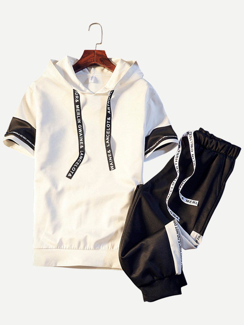 

Men Contrast Tape Hooded Top With Shorts, Multicolor