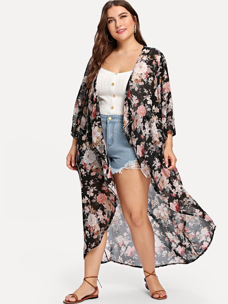 

Plus Floral Print Open Front Cardigan, Multicolor