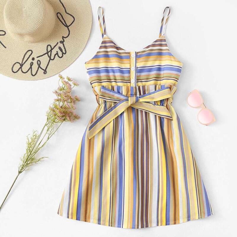 

Striped Single Breasted Knot Dress, Multicolor