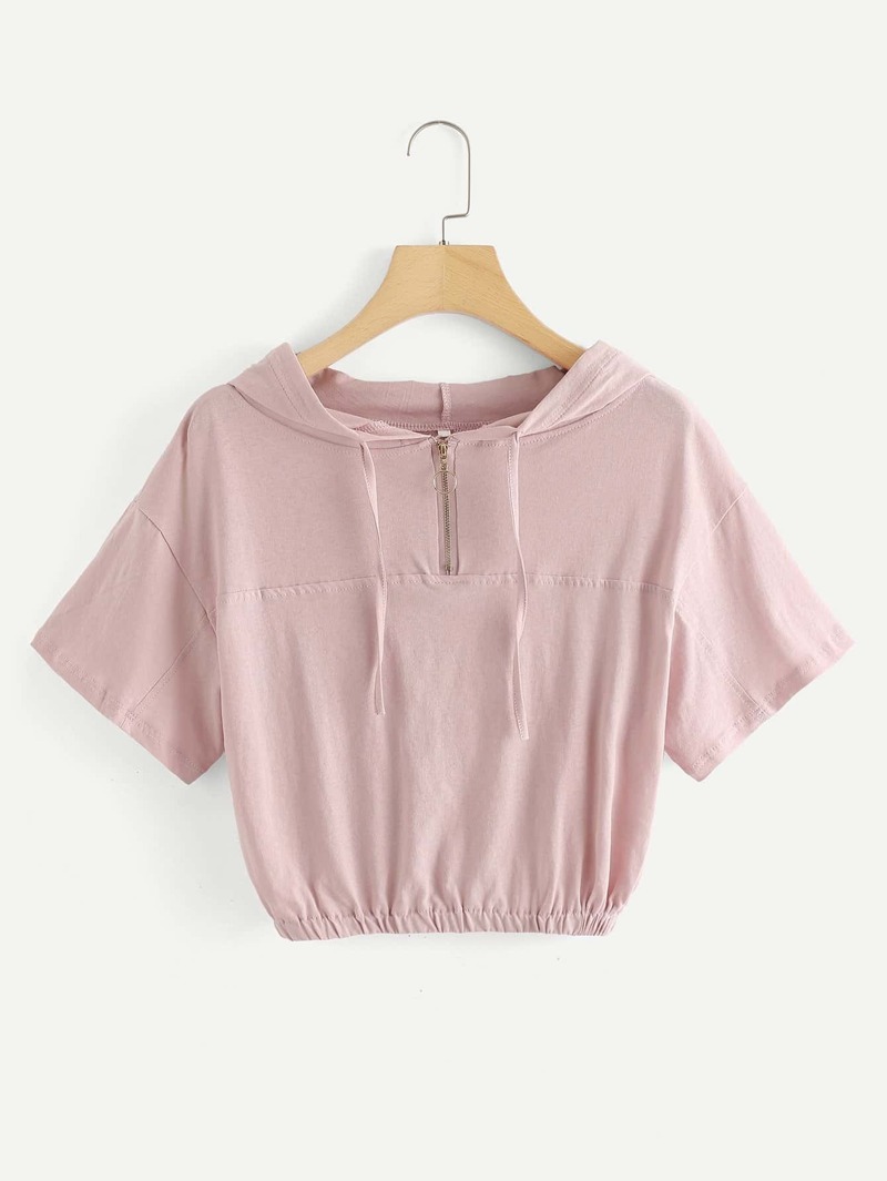 

Zip Up Front Drawstring Hooded Tee, Pink