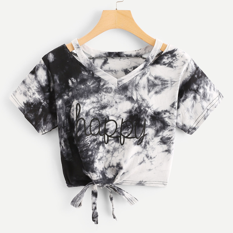 

Tie Dye Knot Hem Crop Tee, Black and white