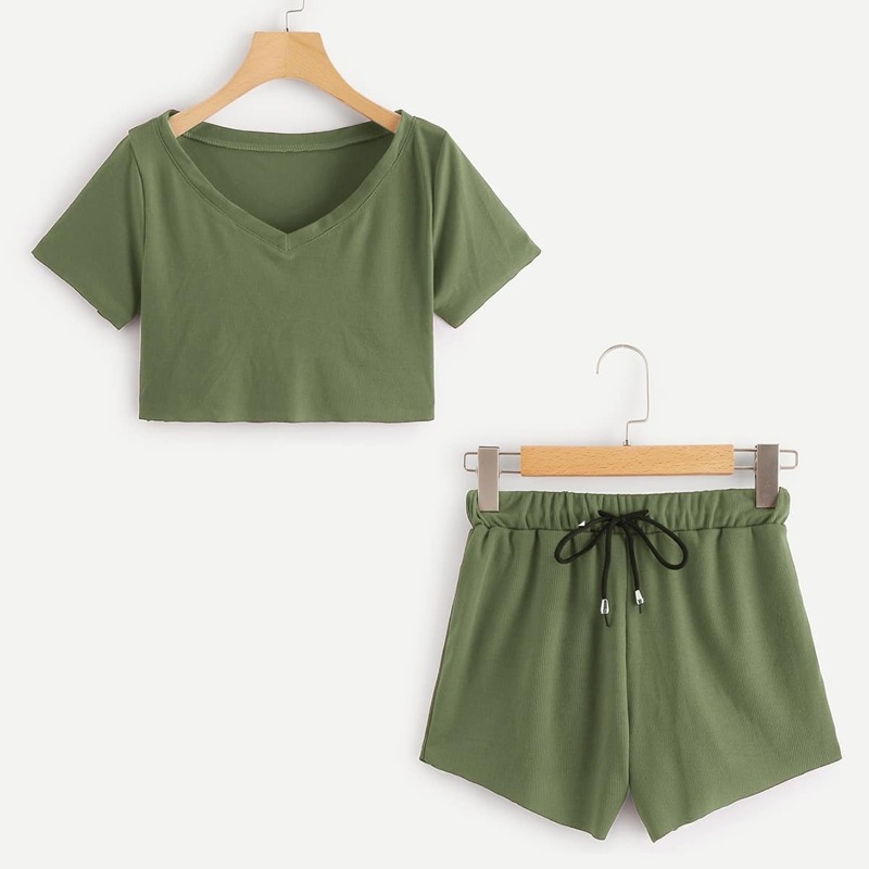 

V Neck Crop Tee With Drawstring Waist Shorts, Army green