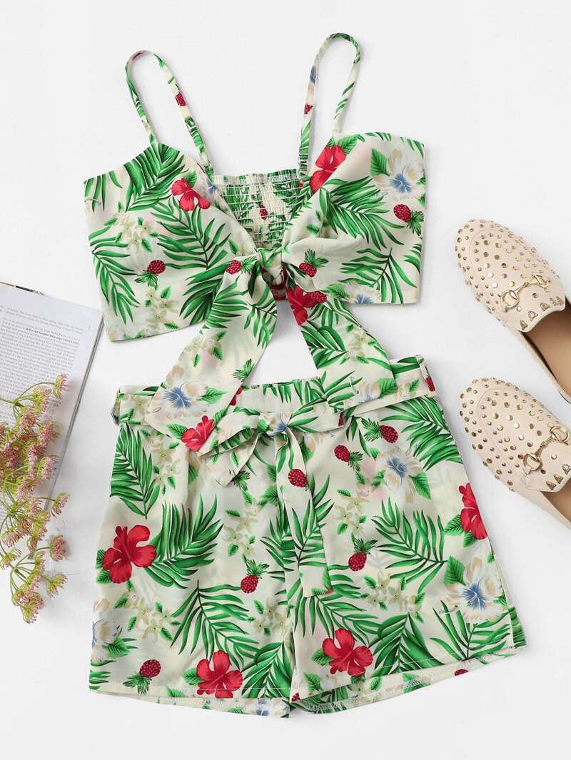 

Floral Print Knot Cami Top With Shorts, Green