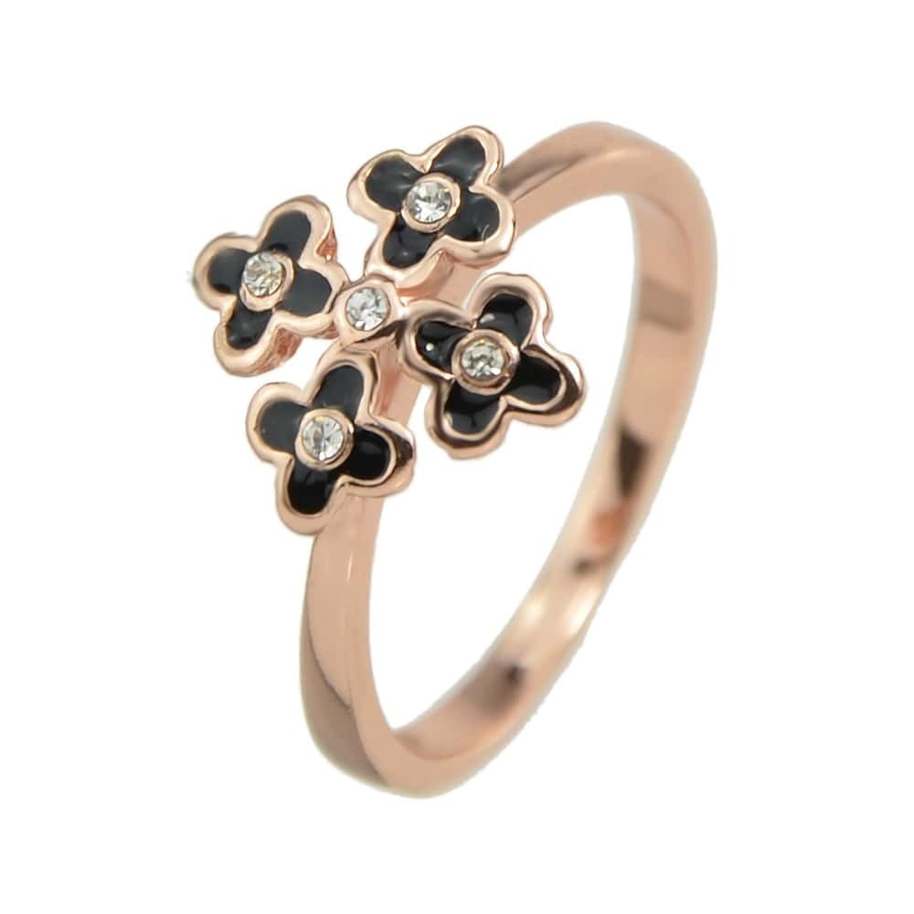 

Rose-7 Trendy Black Enamel Rhinestone Flower Engagement Finger Rings, Gold