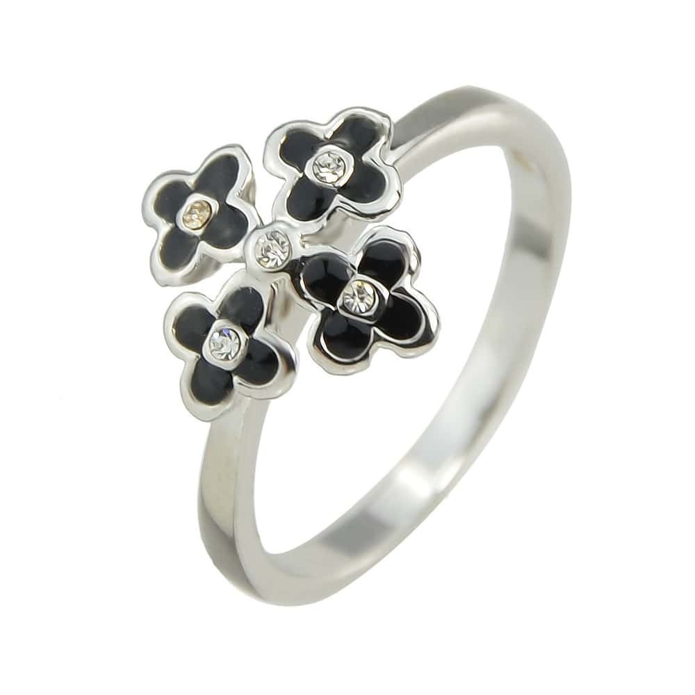 

Silver-8 Trendy Black Enamel Rhinestone Flower Engagement Finger Rings
