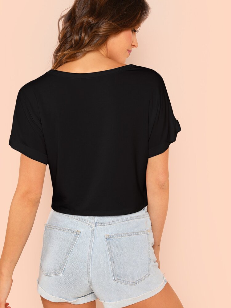 SHEIN Solid Rolled Sleeve Crop Top - Black - View 2