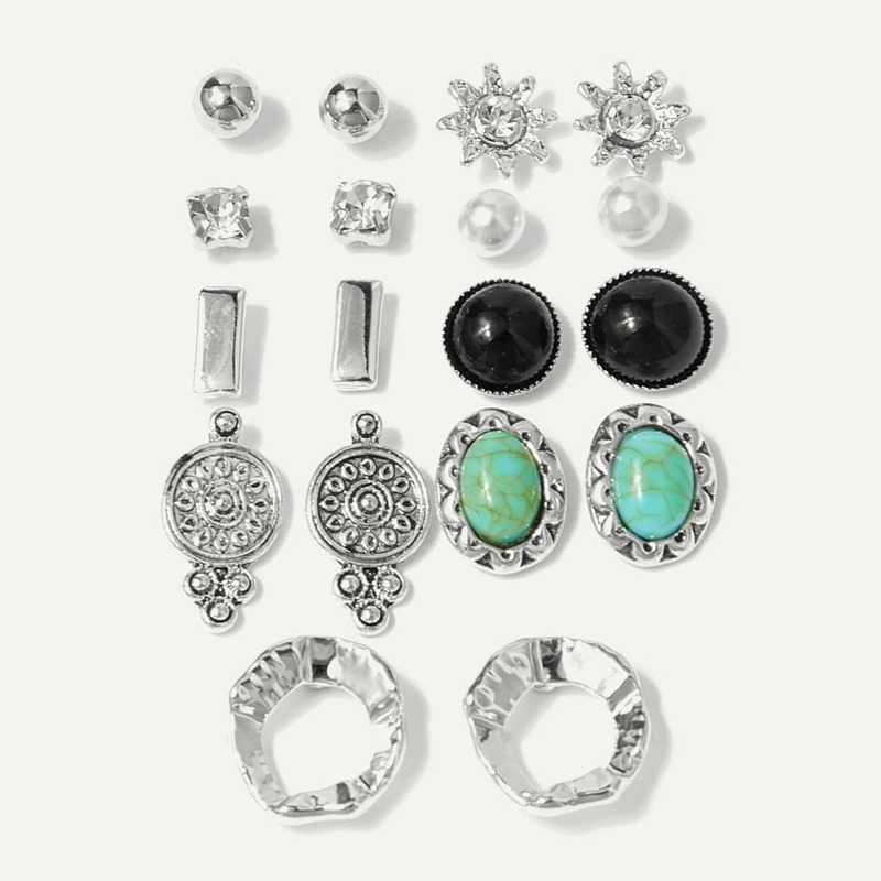 

Metal Ball & Gemstone Stud Earrings 9pairs, Multicolor