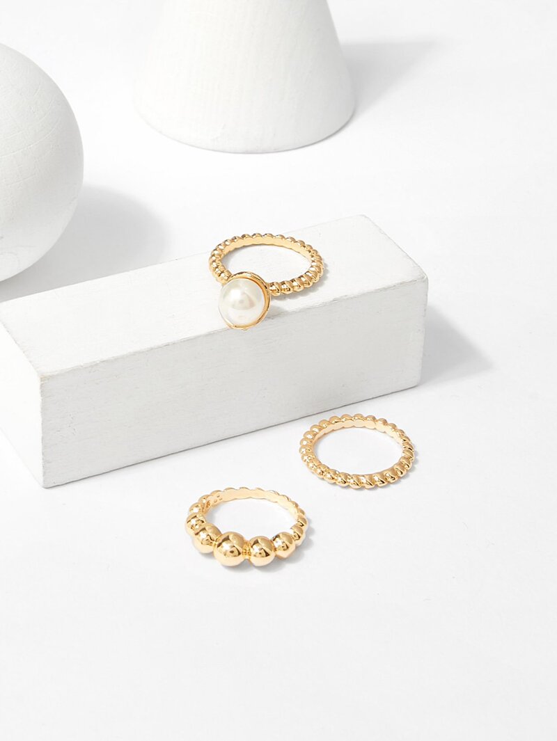 

Faux Pearl Detail Ring Set 3pcs, Gold