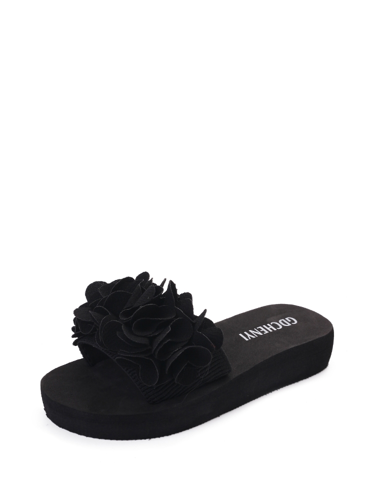 

Flower Applique Slippers, Black