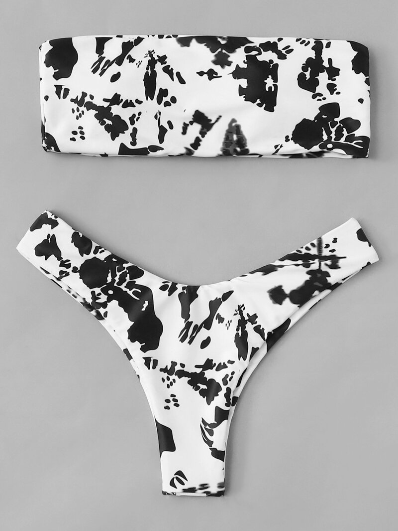 

Marble Print Lace-Up Bikini Set, Black and white