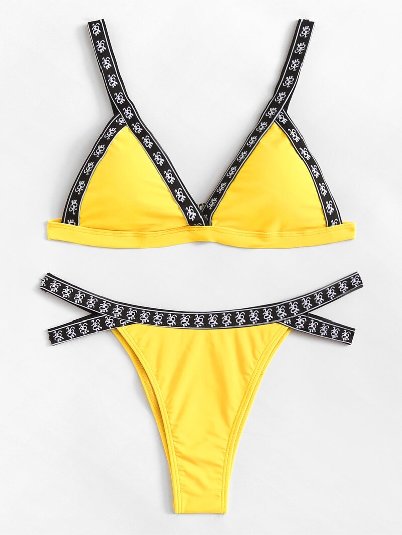 

Contrast Trim Bikini Set, Yellow
