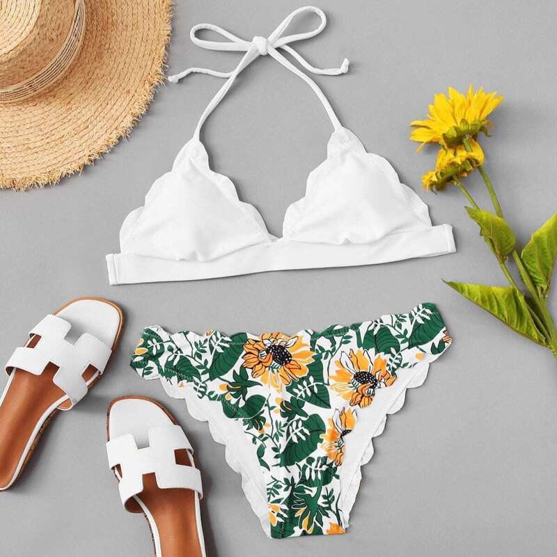 

Scallop Halter Top With Floral Print Bikini Set, Multicolor