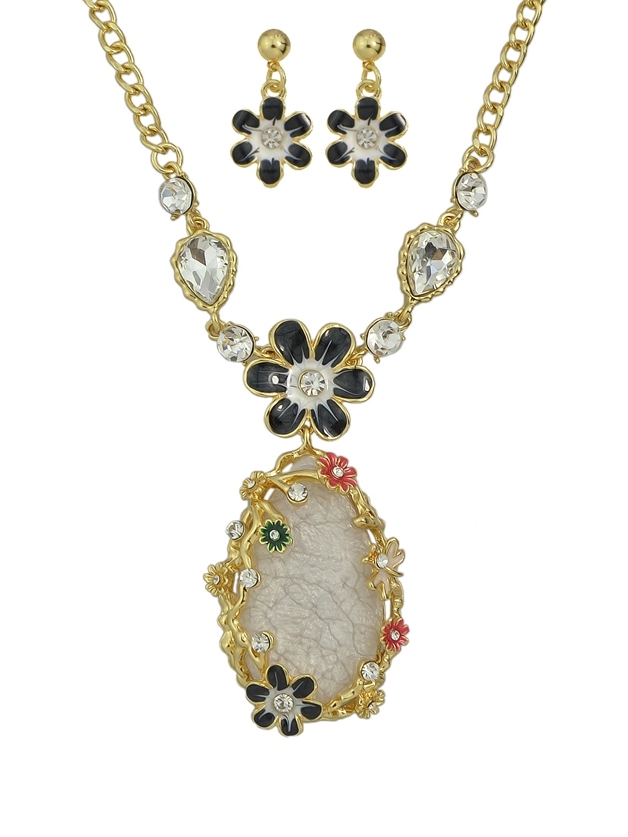 

White Enamel Flower Water Drop Necklace Earrings