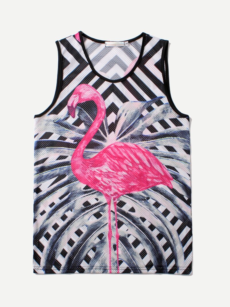 

Men Flamingos Print Striped Vest, Multicolor